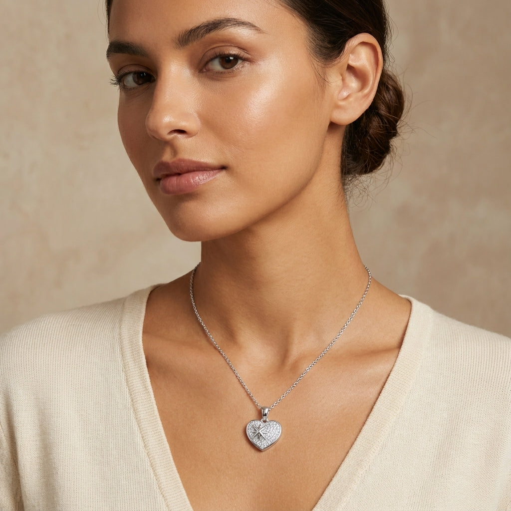 Sterling Silver Rhodium Plated Heart Pendant Necklace with CZ Northern Star