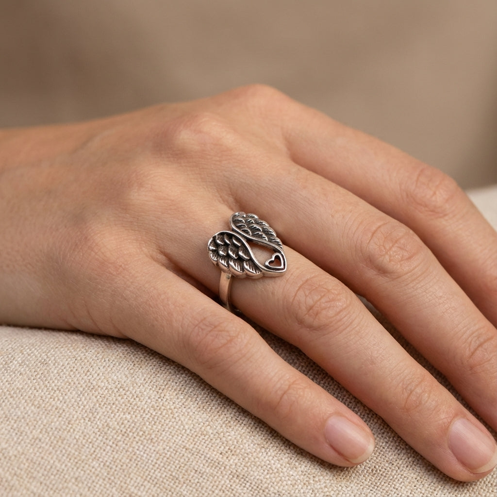Oxidized Sterling Silver Two Wings Heart Ring