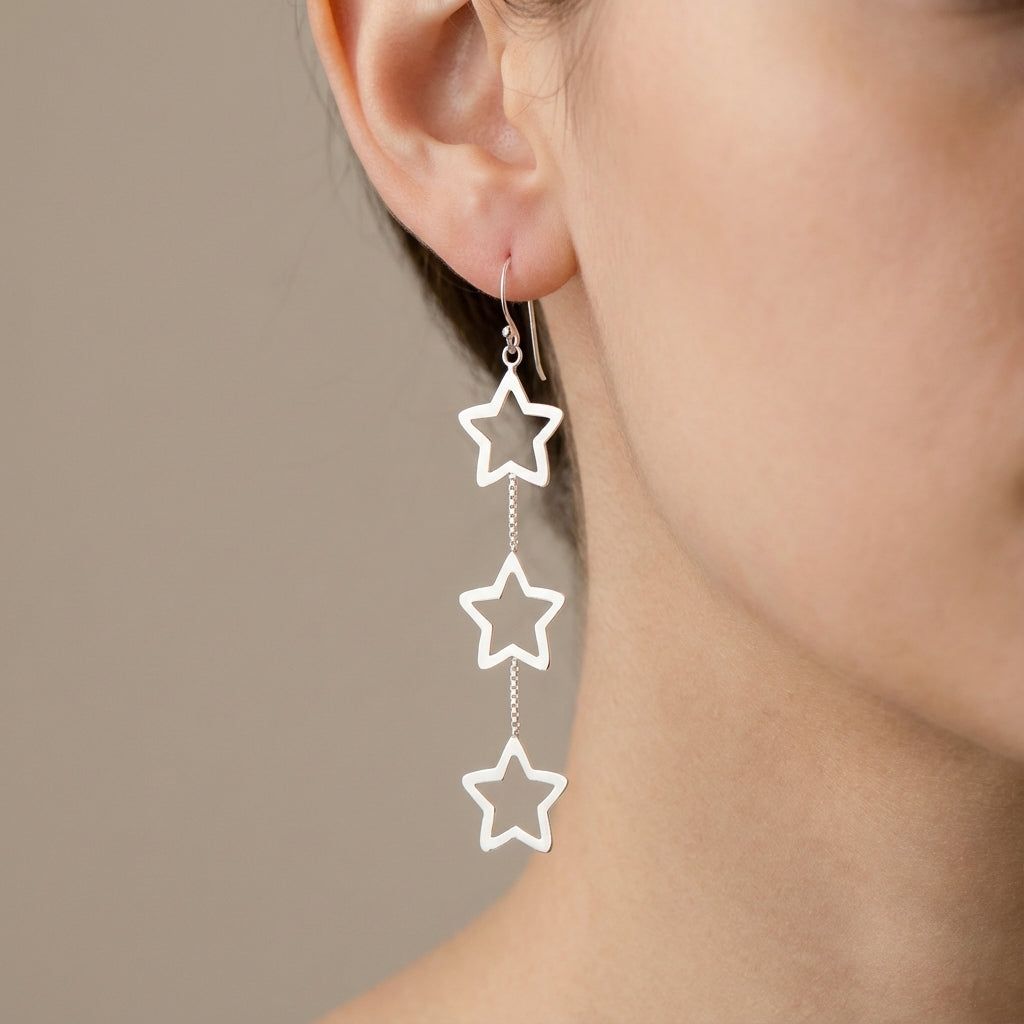 Sterling Silver Triple Star Dangle Earrings – Long Celestial Drop (Silver & Rose Gold Plated)