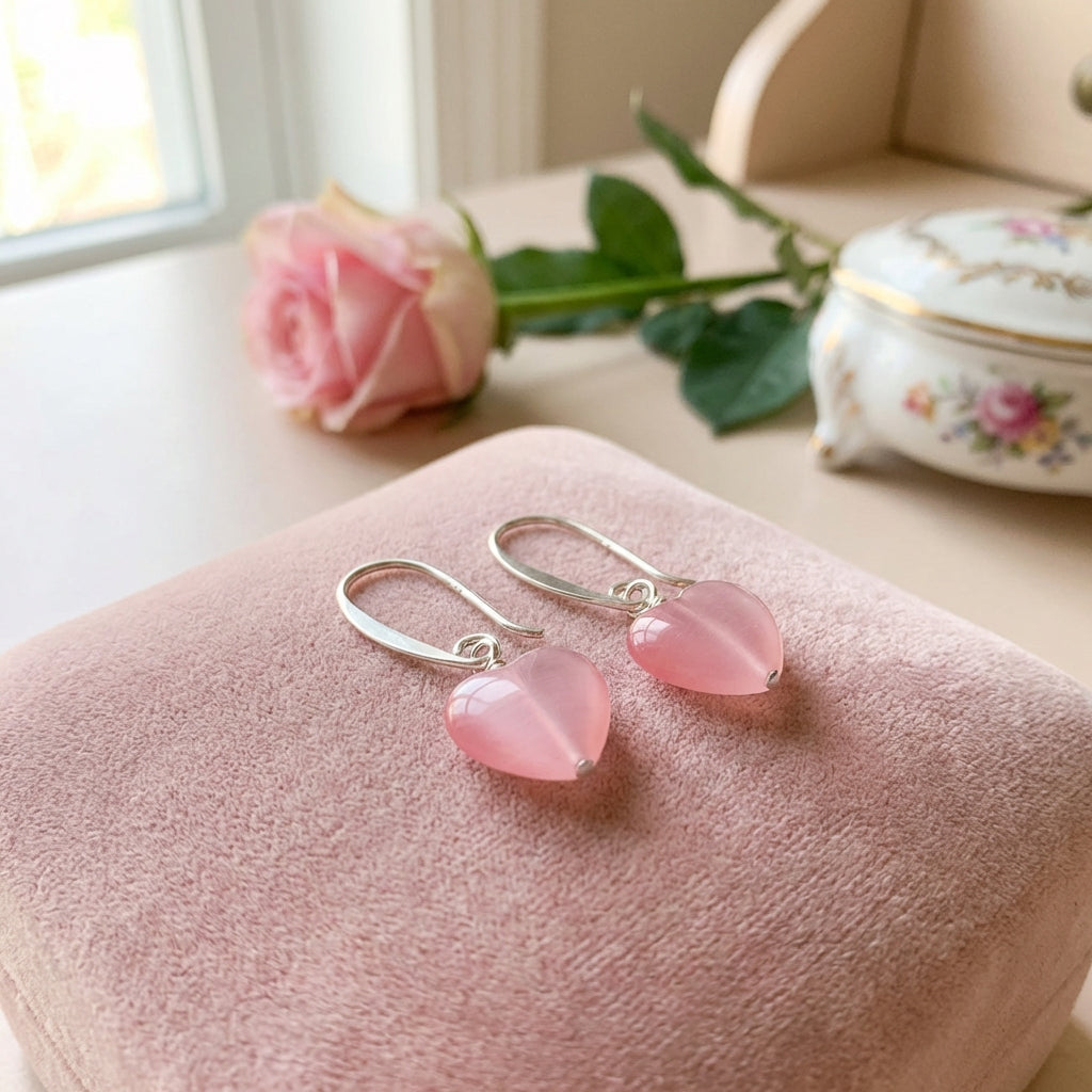 Rose Quartz Cat’s Eye Heart Dangle Earrings in 925 Sterling Silver
