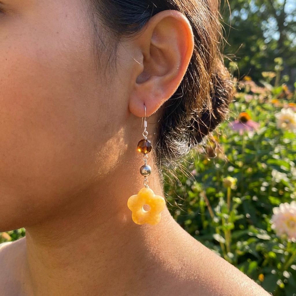 925 sterling silver shepherd hook closure detail on Yellow Carnelian flower earrings — hypoallergenic clasp design for sensitive ears.