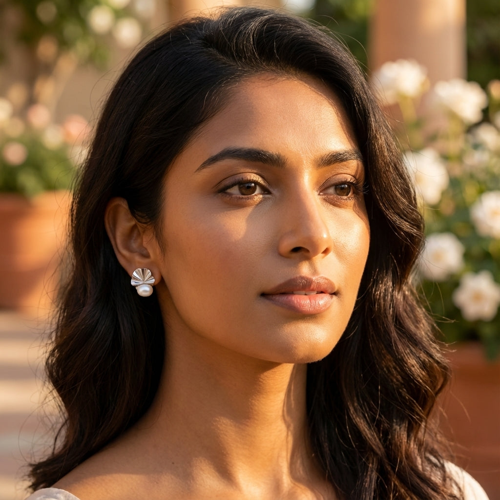 Rhodium Silver Shell Stud Earrings with Freshwater Pearl Accent