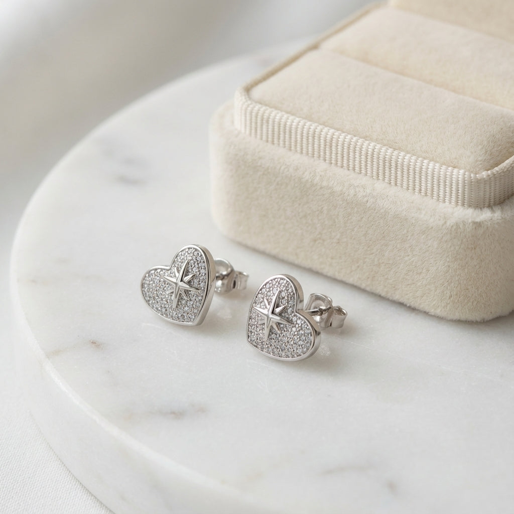 Northern Light Heart Silver Earrings with Pavé Cubic Zirconia Star Detail