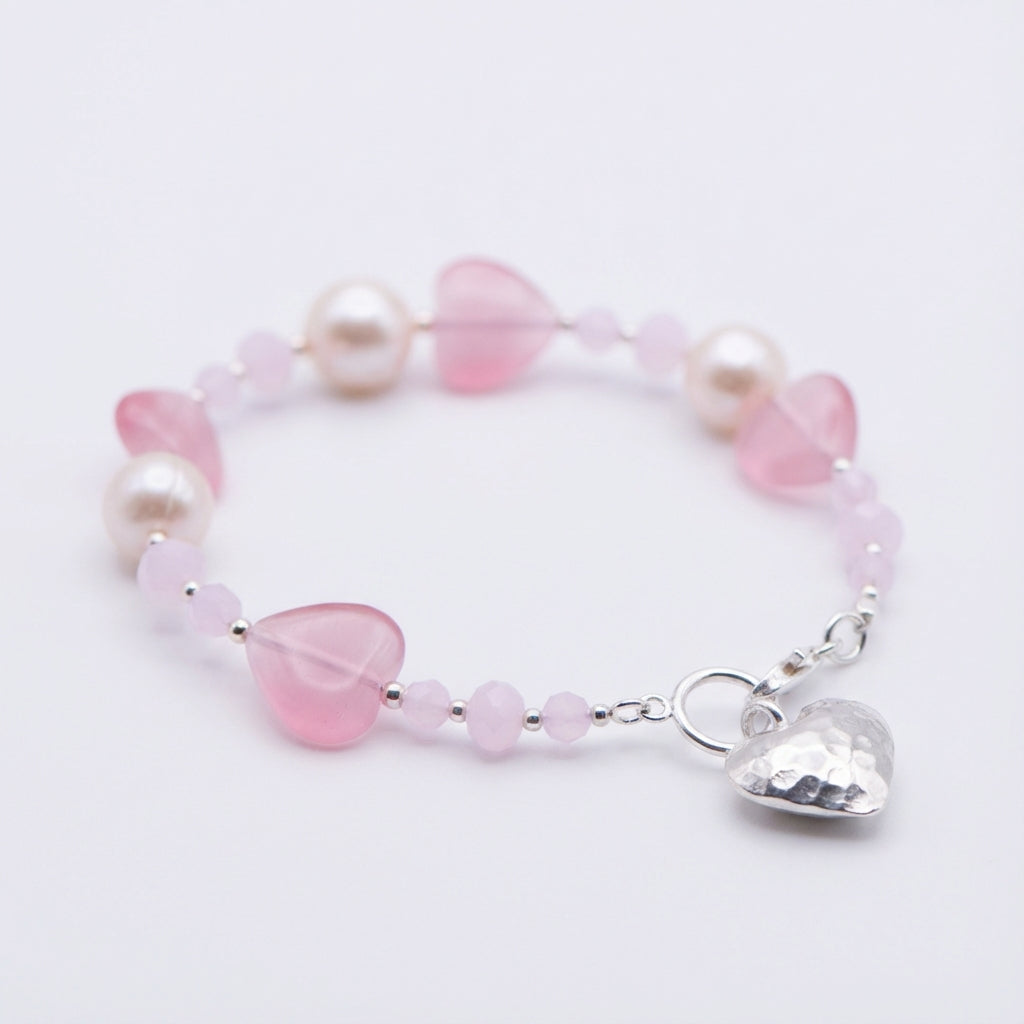 Rose Quartz Heart Bracelet with Hammered Silver Charm