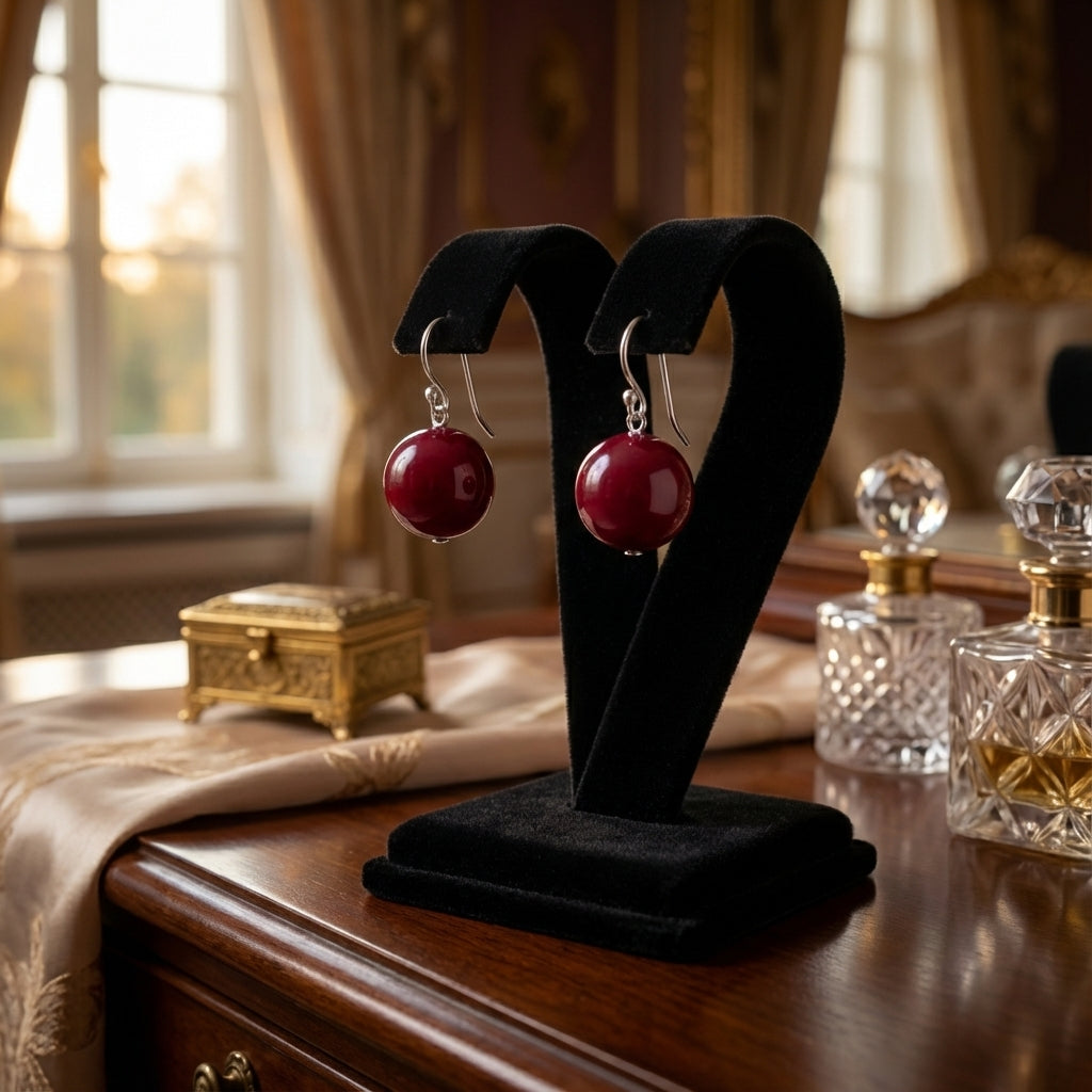 Burgundy Sphere Drop Earrings in Solid 925 Silver