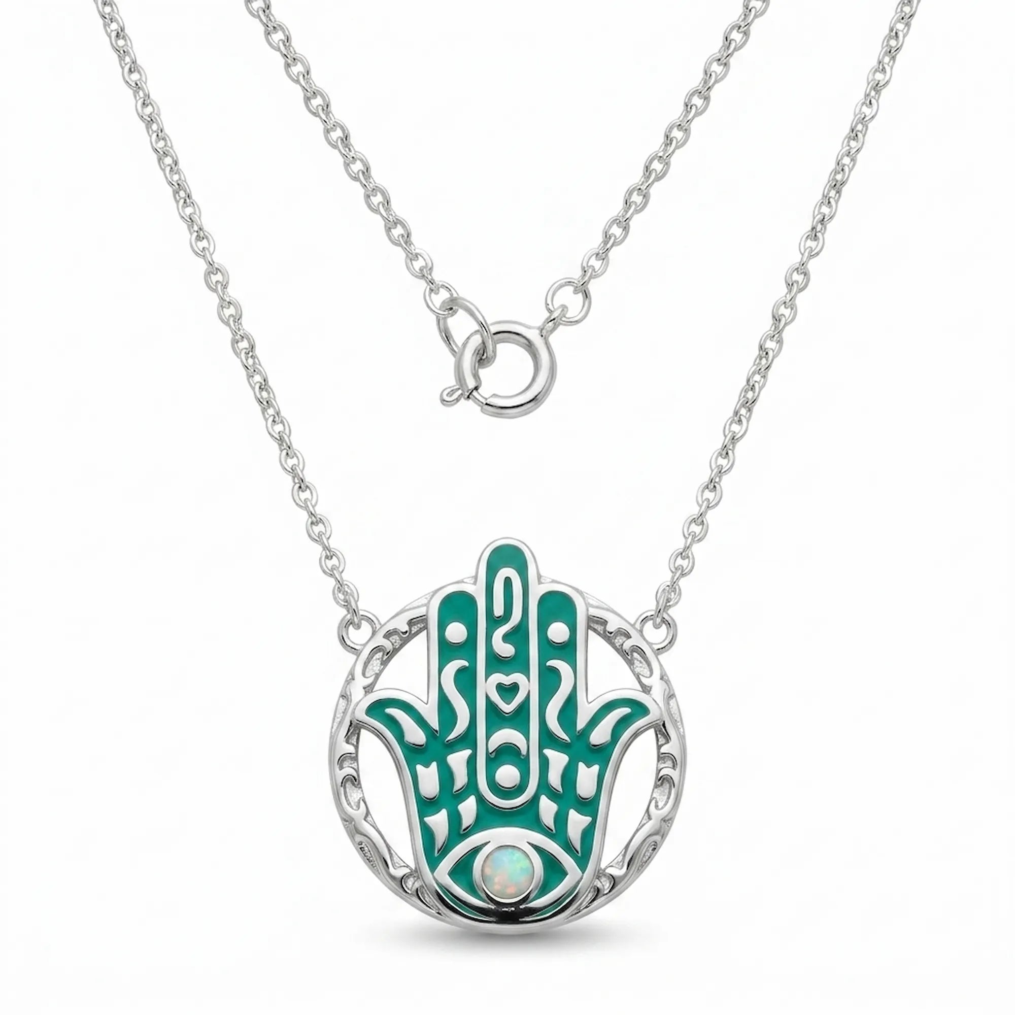 teal enamel hamsa hand pendant in 925 silver with central opal stone and engraved circular frame
