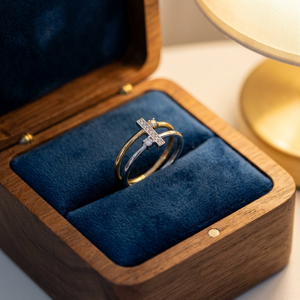 Dual Link Pavé Ring in Gold and Silver Harmony