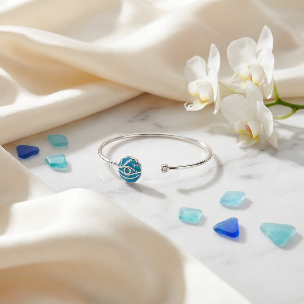 925 Sterling Silver Enamel Evil Eye Cuff Bangle - Peridot, Dual Opal & Sky-Blue Topaz