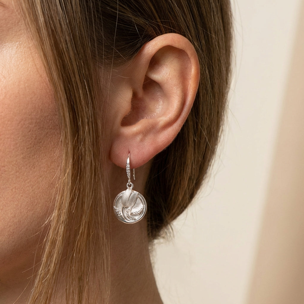 Sculpted Tulip Floral Dangle Earrings in 925 Sterling Silver – White Satin & Cherry Red Enamel