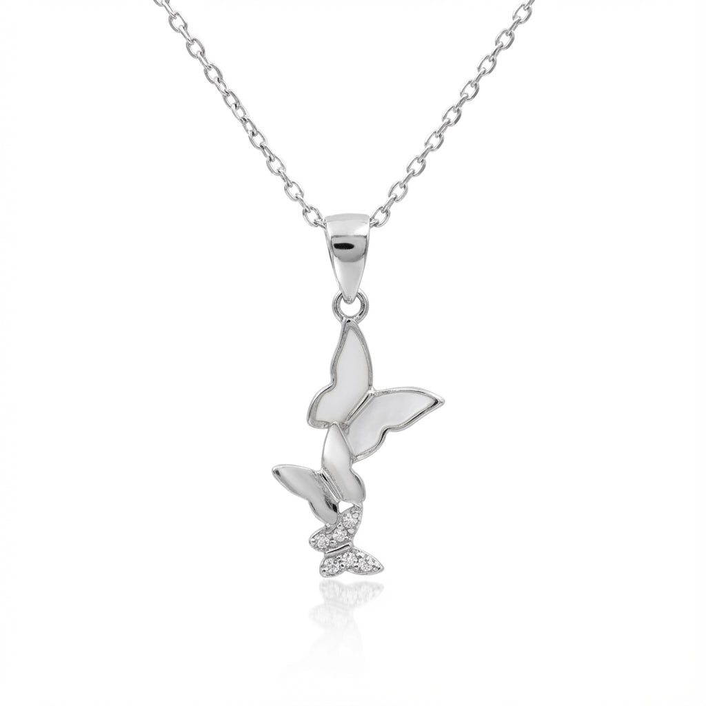 Sterling Silver Triple Butterfly Pendant Necklace with Enamel & Pavé CZ