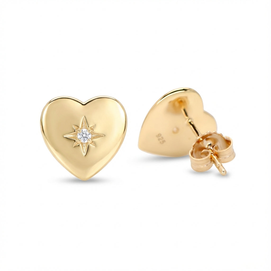 Northern Star Heart Stud Earrings in 925 Sterling Silver with Cubic Zirconia