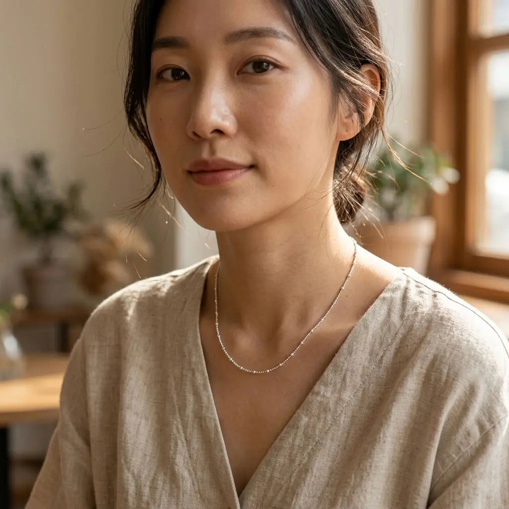 Woman wearing a delicate silver-tone beaded station necklace with a cream V-neck blouse.