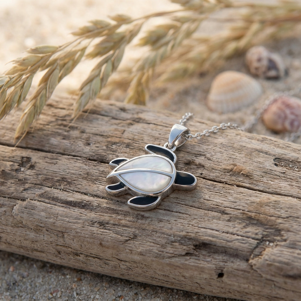 Sea Turtle Necklace Pendant in Sterling Silver with Black Enamel Shell