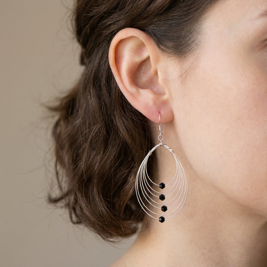 Seven Wire Sterling Silver Drop Earrings with Swarovski Beads