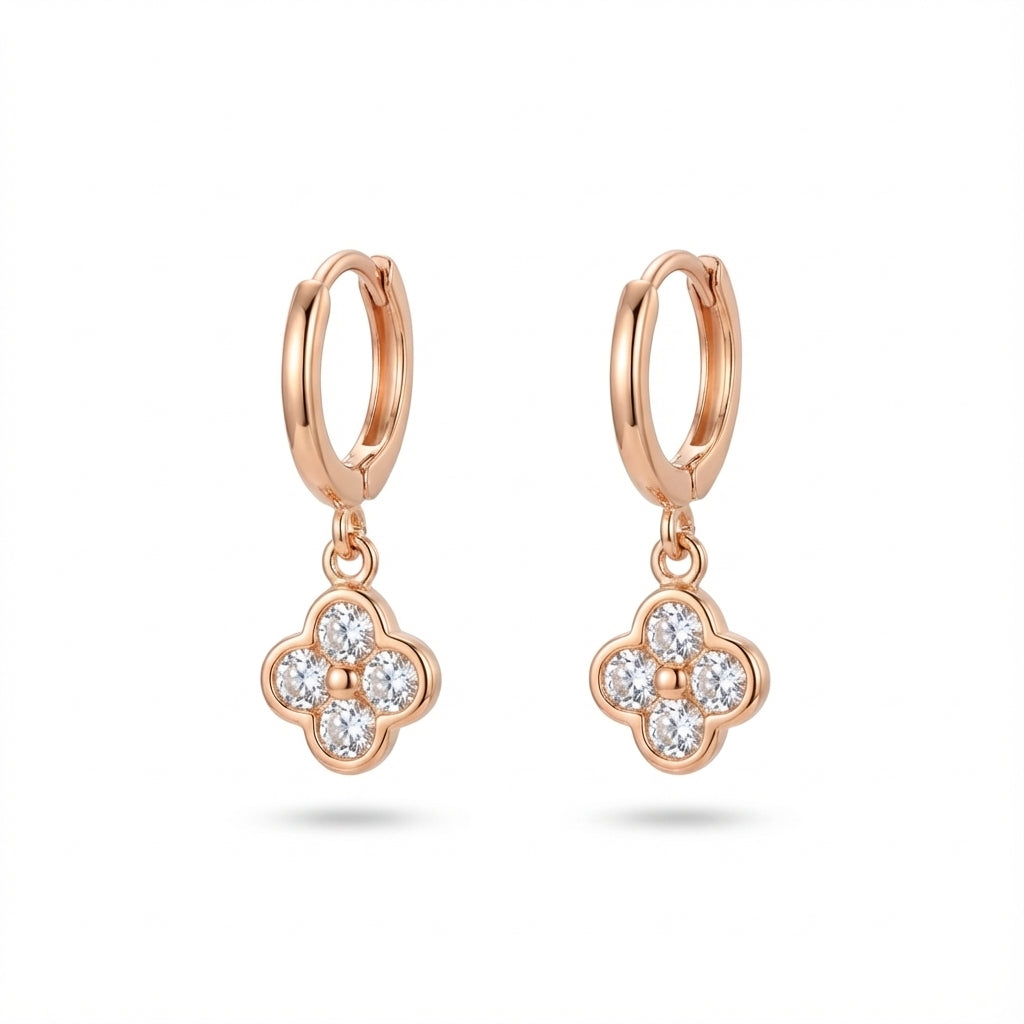 أقراط حلقية على شكل زهرة البرسيم الرباعية من الفضة عيار 925 |مَطْلِي فضة، ذهب، ذهب وردي