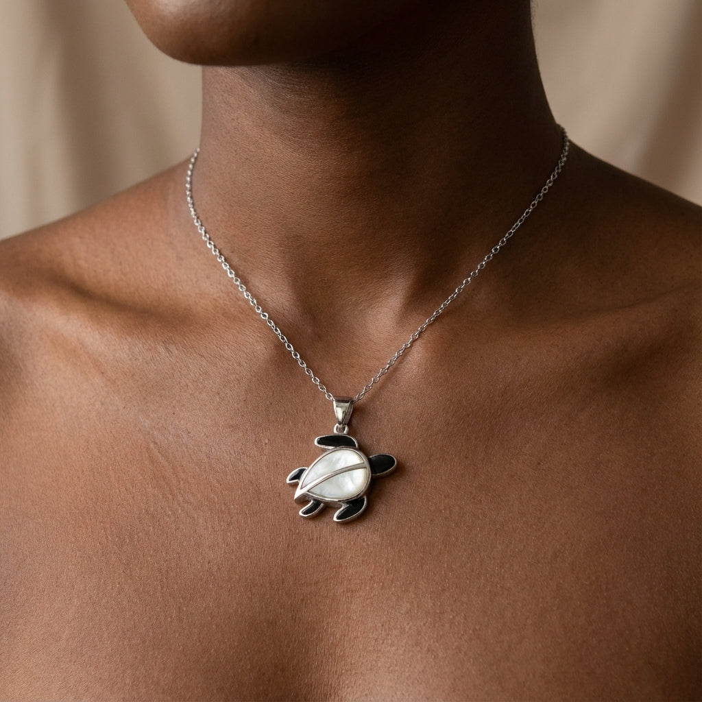 Sea Turtle Necklace Pendant in Sterling Silver with Black Enamel Shell