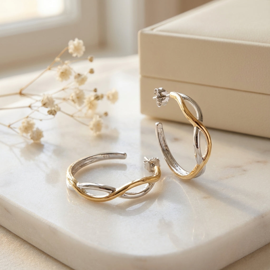 Bypass Line Two-Tone Sterling Silver Earrings