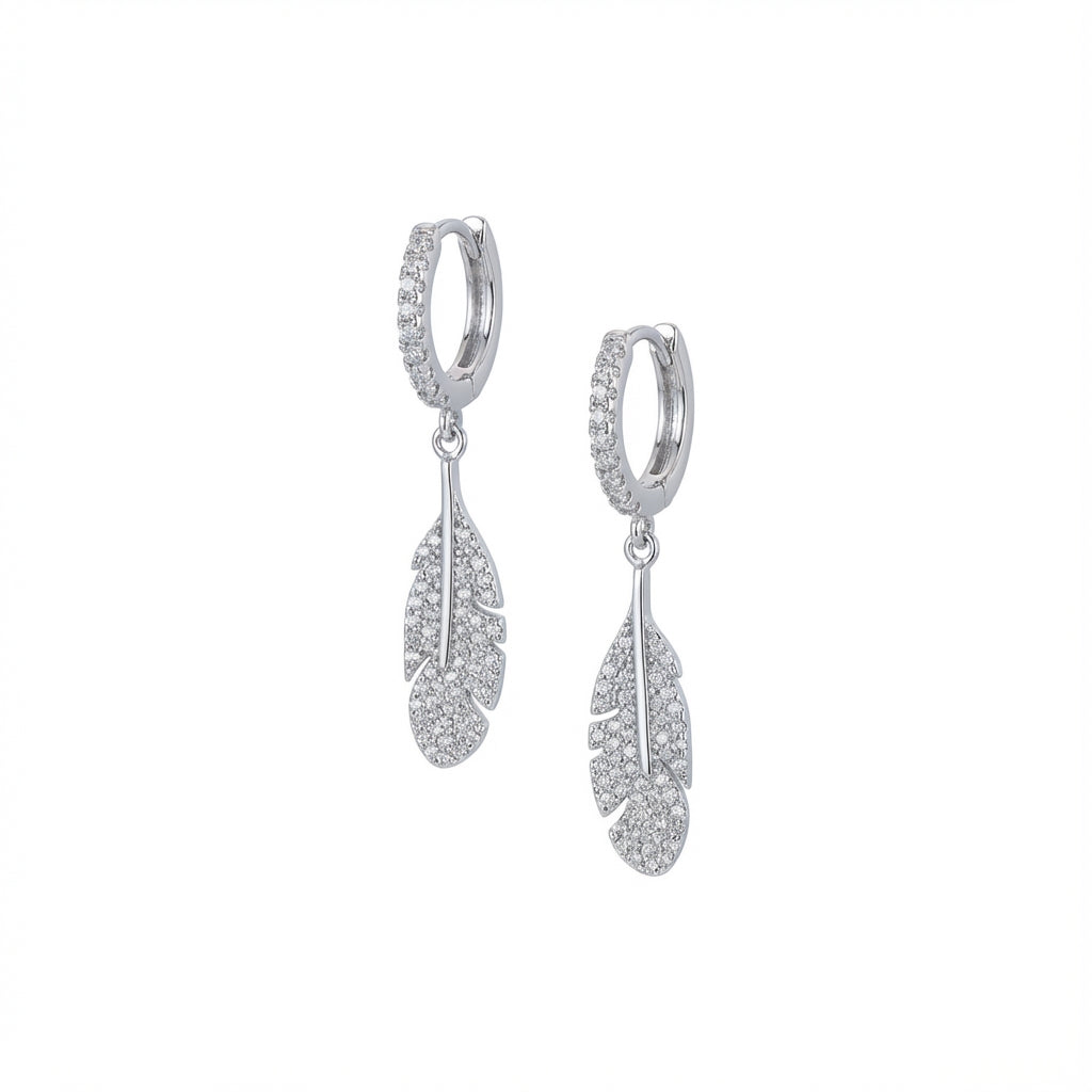 Crystal Feather Huggie Earrings in Sterling Silver