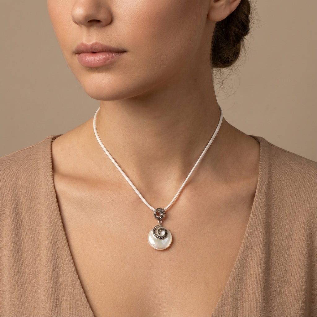 Mother of Pearl & Marcasite Swirl Necklace – Vintage Silver Coin Pendant