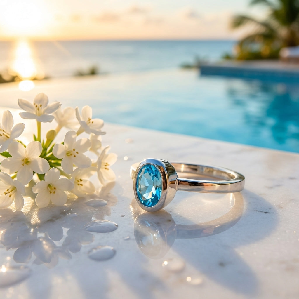 Blue Topaz Bezel Stackable Ring November Birthstone 925 Sterling Silver