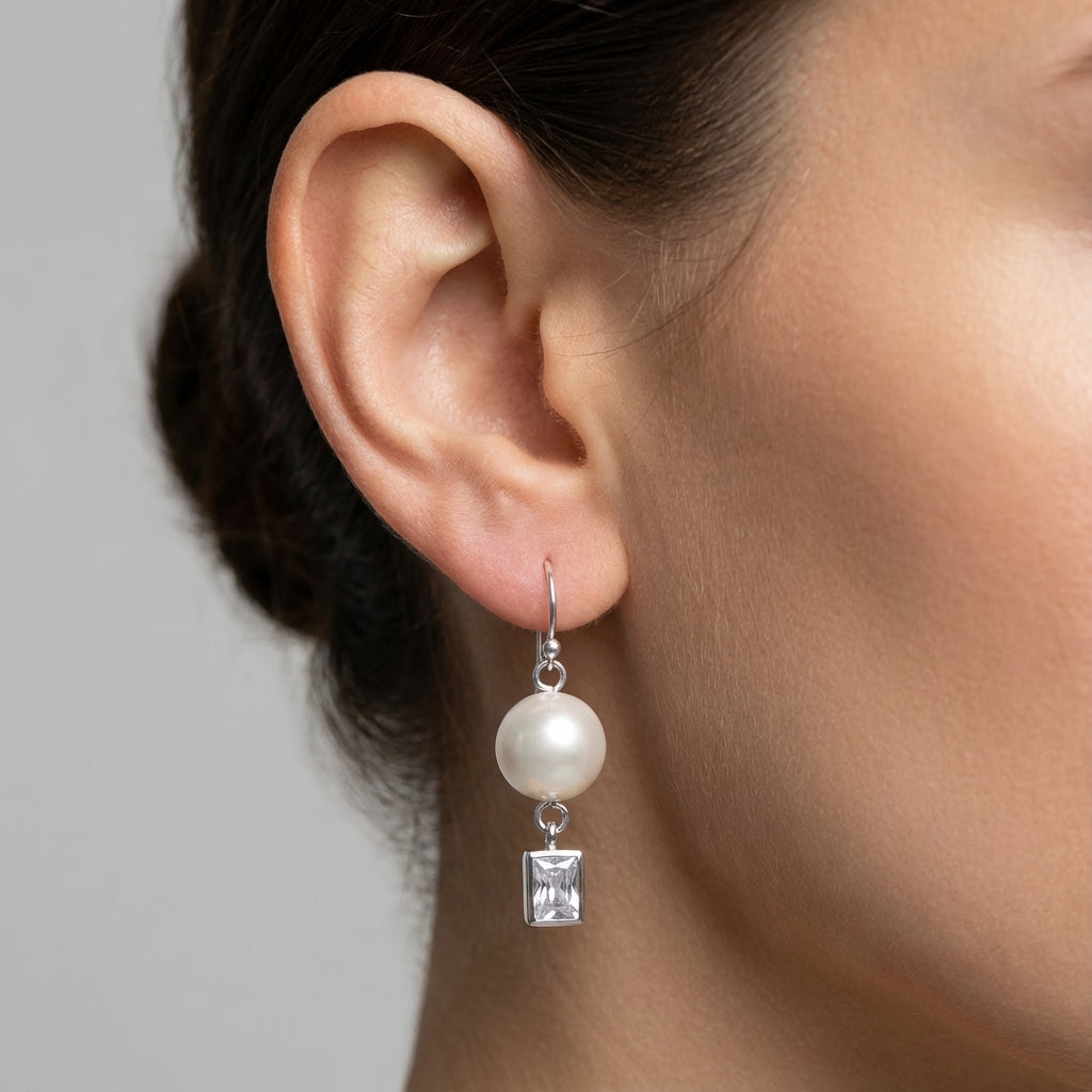 Classic Silver Pearl Drop Earrings with Cubic Zirconia Accent Design