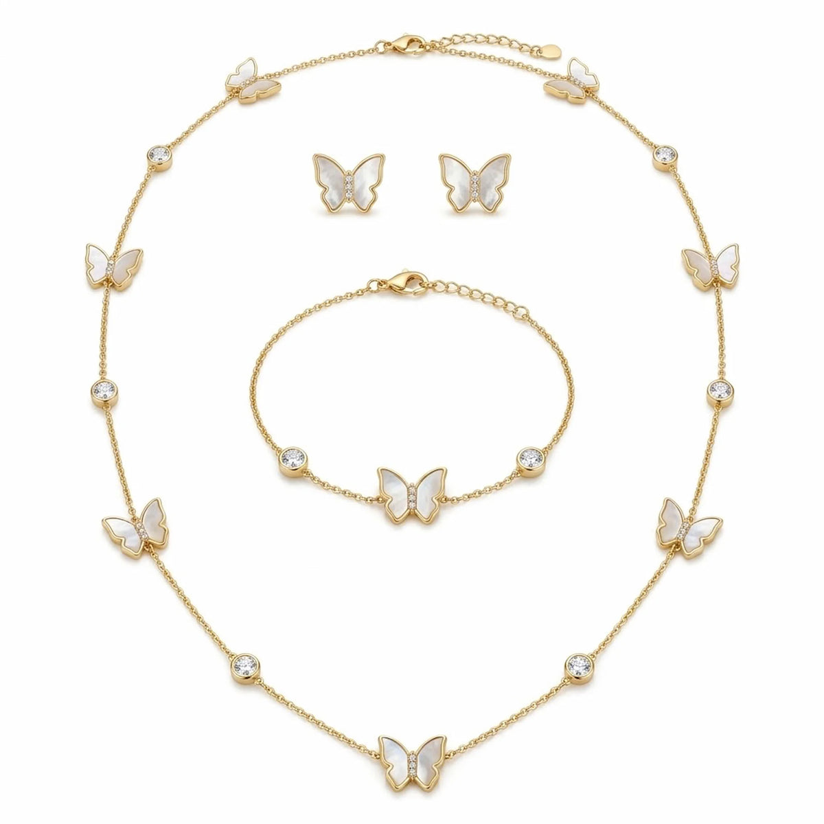 18K gold plated butterfly jewelry set with iridescent mother of pearl motifs and round cubic zirconia bezel accents.