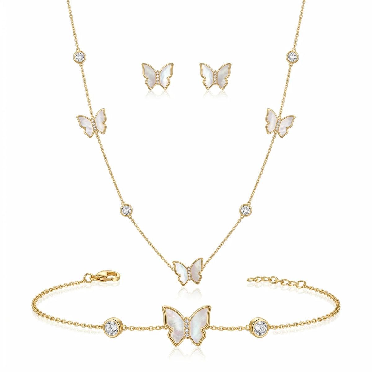 Close-up of 18K gold plated mother of pearl butterfly pendant with pave cubic zirconia center and bezel-set crystals.
