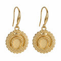 Front view of the 18K gold vermeil ouroboros snake drop earrings with a cog border, handcrafted in Dubai.