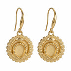 Front view of the 18K gold vermeil ouroboros snake drop earrings with a cog border, handcrafted in Dubai.