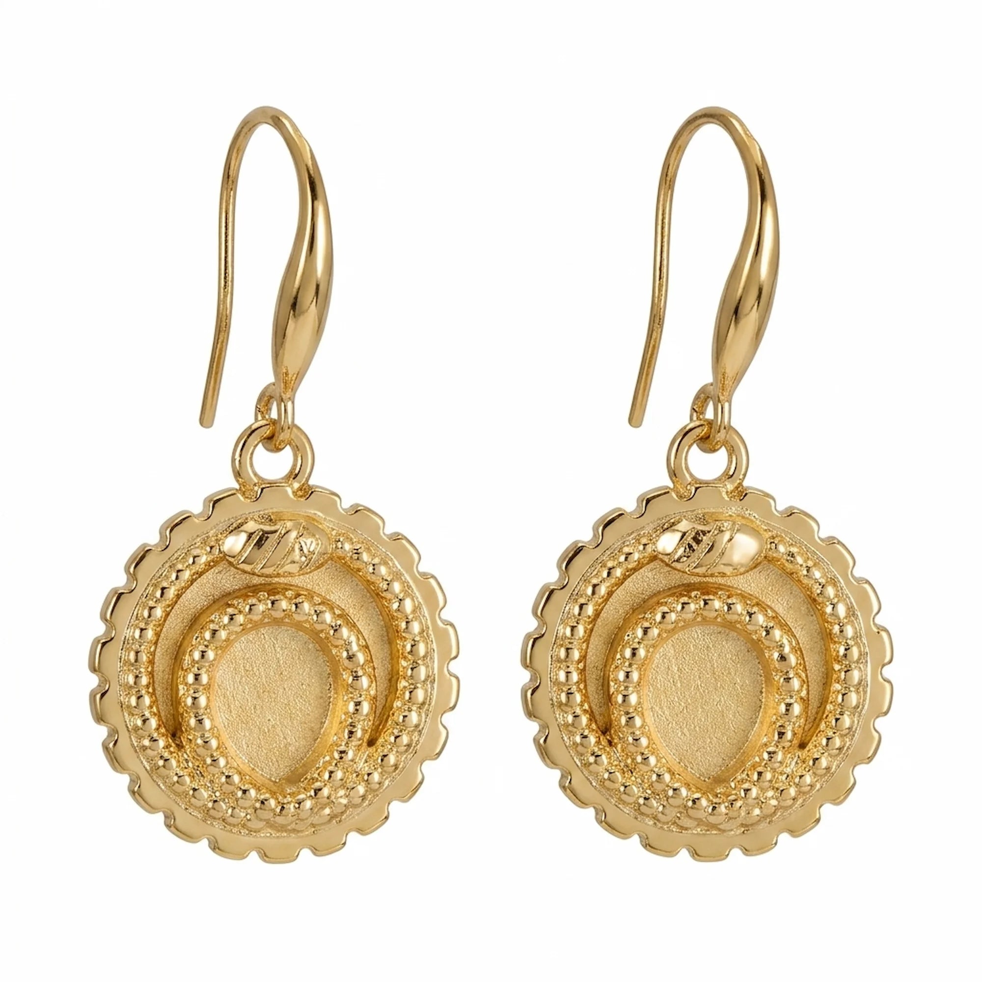 Front view of the 18K gold vermeil ouroboros snake drop earrings with a cog border, handcrafted in Dubai.