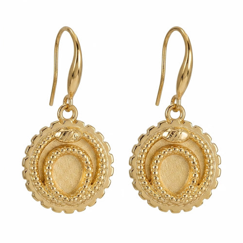 Front view of the 18K gold vermeil ouroboros snake drop earrings with a cog border, handcrafted in Dubai.