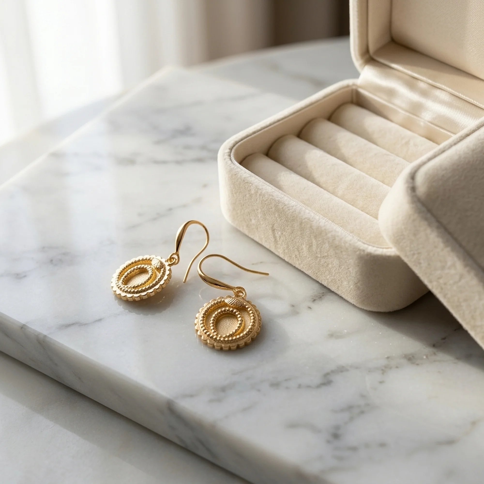 18K gold vermeil ouroboros serpent drop earrings resting beside a velvet jewellery box in Dubai.