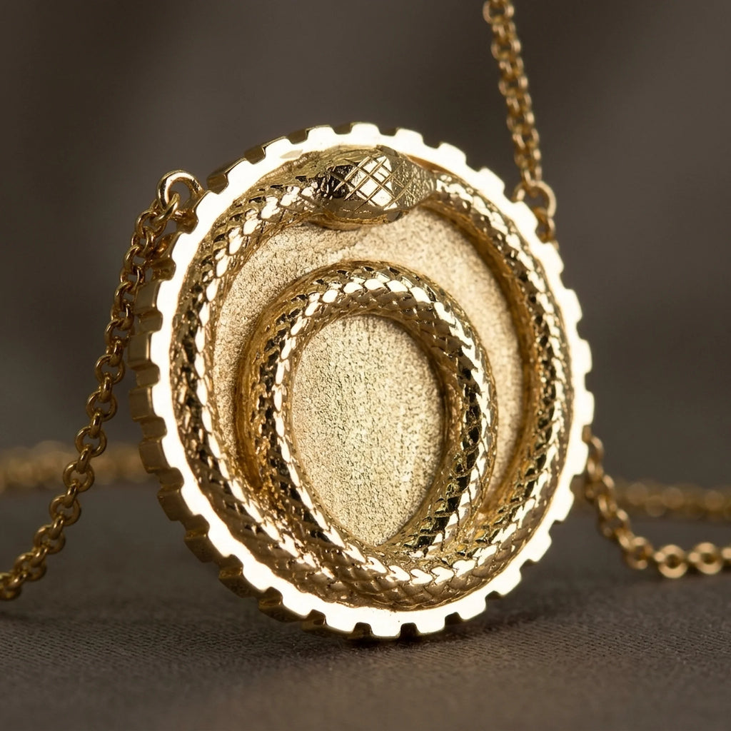 Dramatic close-up showing the intricate coiling details and scaled texture of the 18K gold vermeil ouroboros pendant.