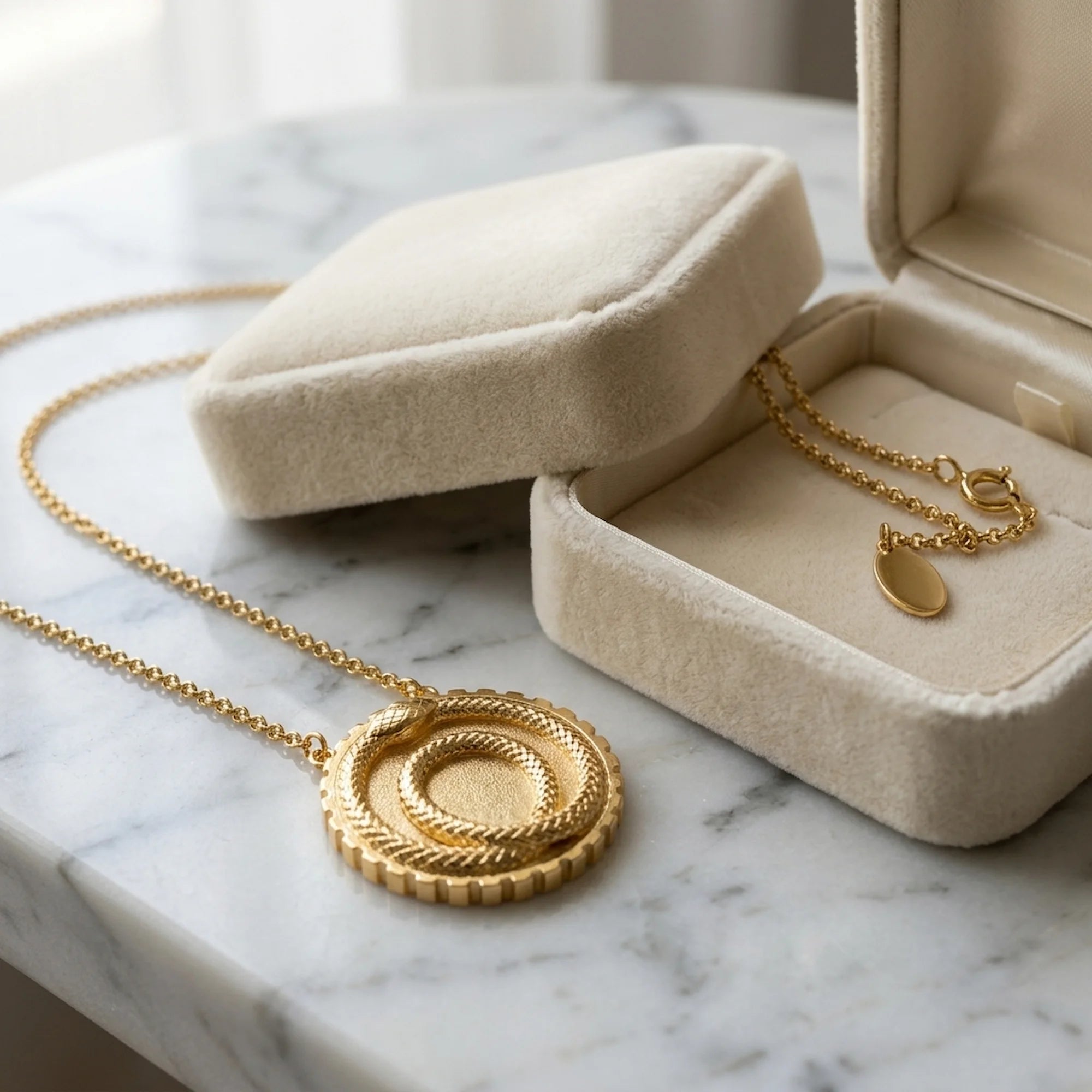 18K gold vermeil ouroboros station necklace resting on marble surface next to its open beige velvet jewelry box.