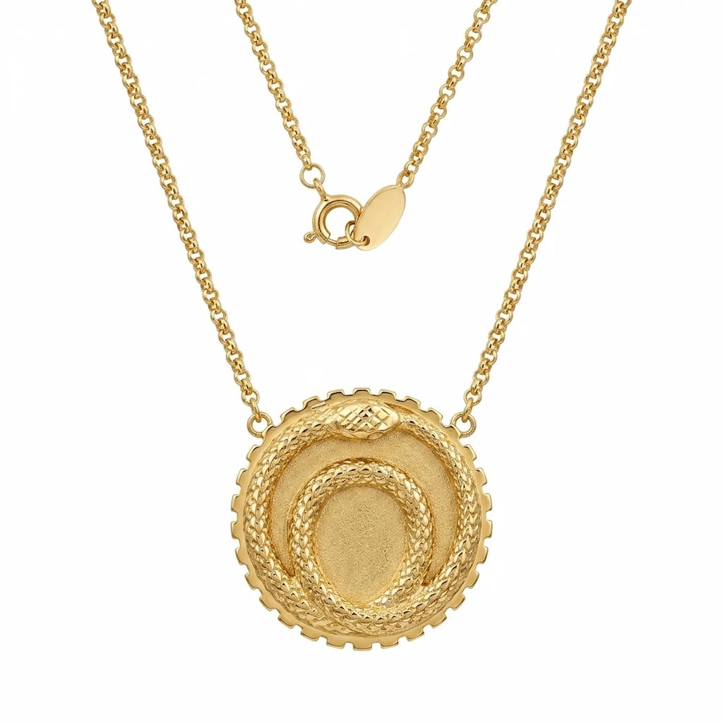 High-resolution isolated front view of the 18K gold vermeil ouroboros snake station necklace on a mini-rolo chain.