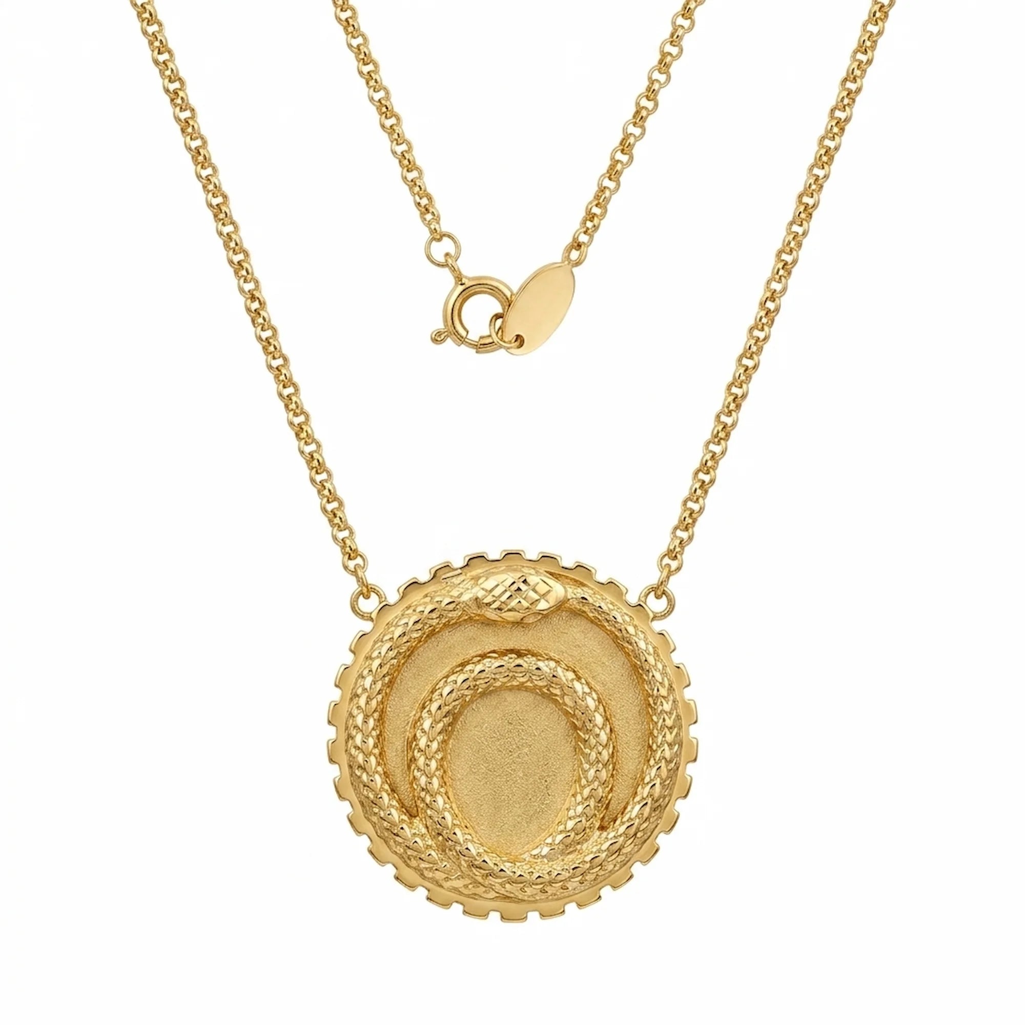 High-resolution isolated front view of the 18K gold vermeil ouroboros snake station necklace on a mini-rolo chain.
