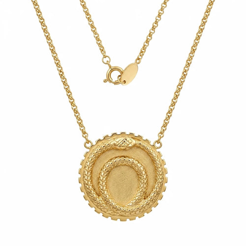 High-resolution isolated front view of the 18K gold vermeil ouroboros snake station necklace on a mini-rolo chain.