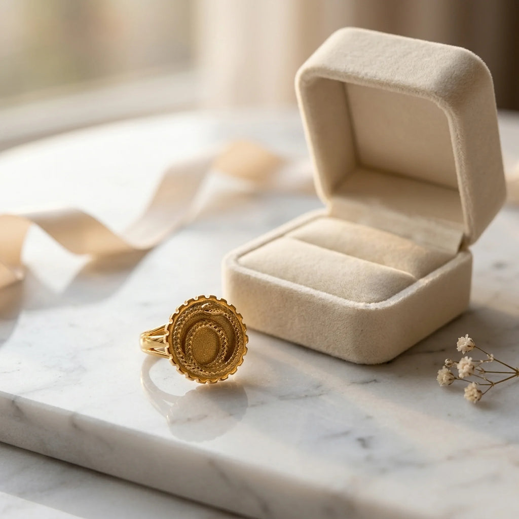 18K gold vermeil ouroboros snake signet ring in 925 sterling silver resting beside a velvet jewellery box in Dubai.