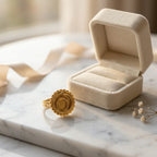 18K gold vermeil ouroboros snake signet ring in 925 sterling silver resting beside a velvet jewellery box in Dubai.