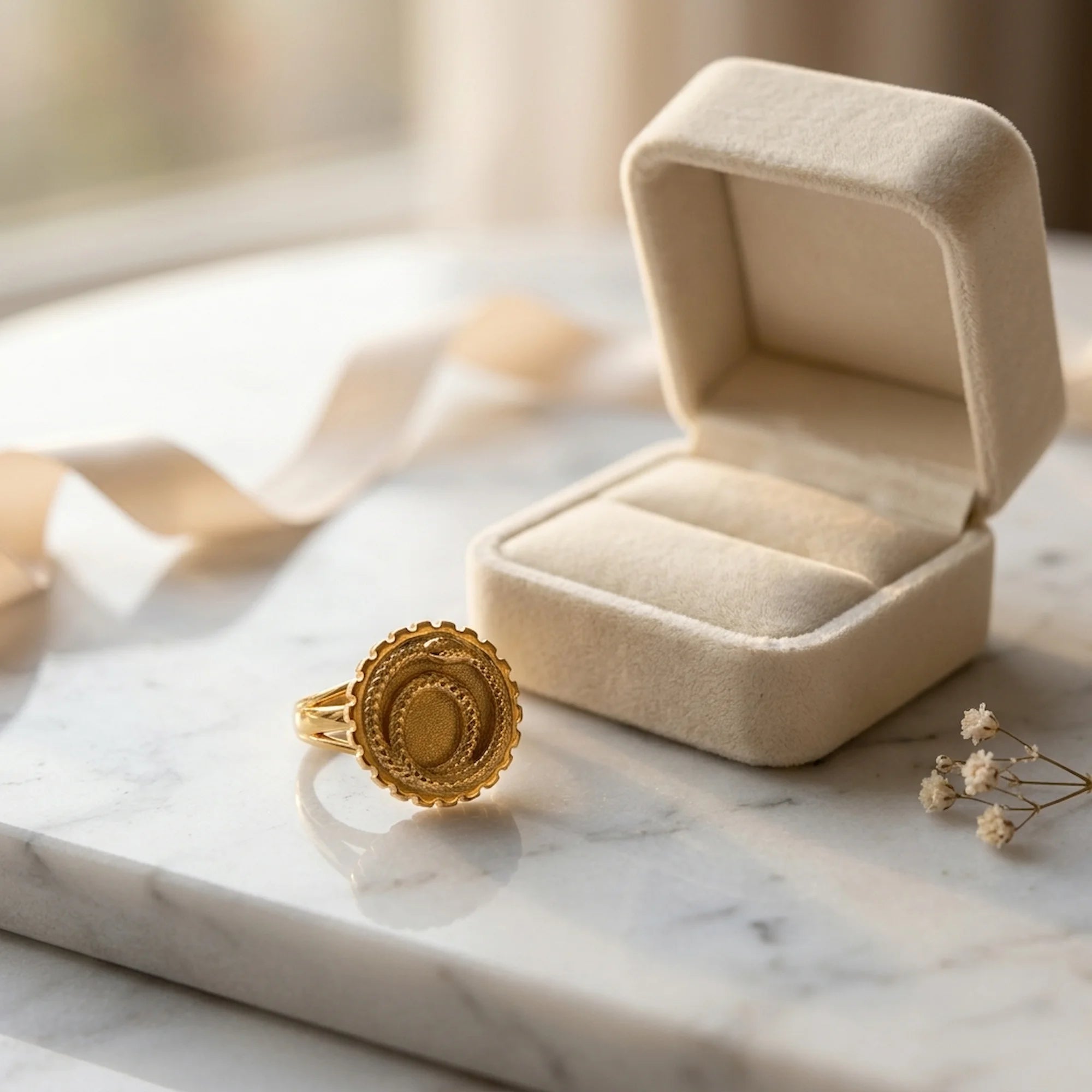 18K gold vermeil ouroboros snake signet ring in 925 sterling silver resting beside a velvet jewellery box in Dubai.