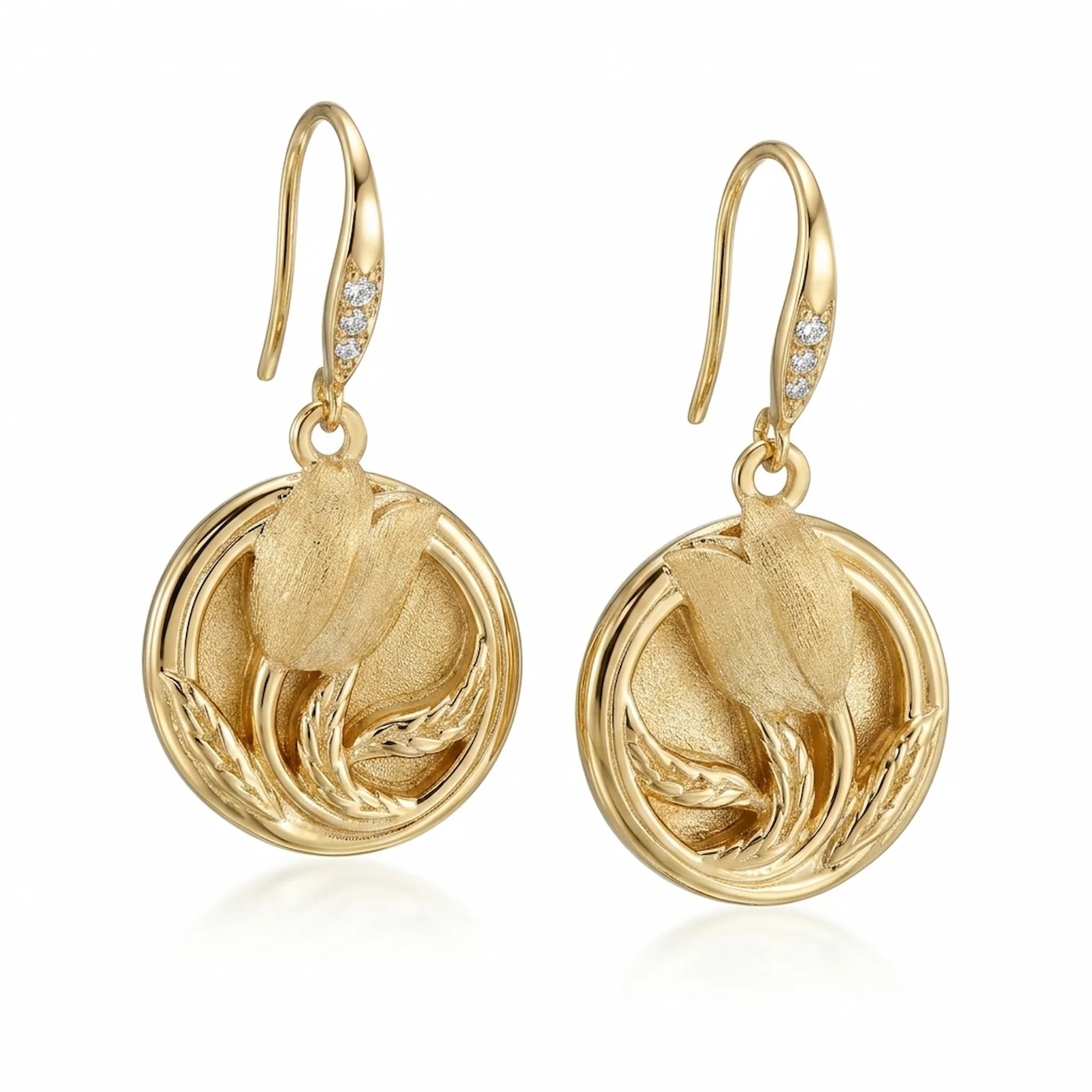 Front view of 18K gold vermeil tulip drop earrings over 925 sterling silver with CZ hooks, crafted in Dubai.