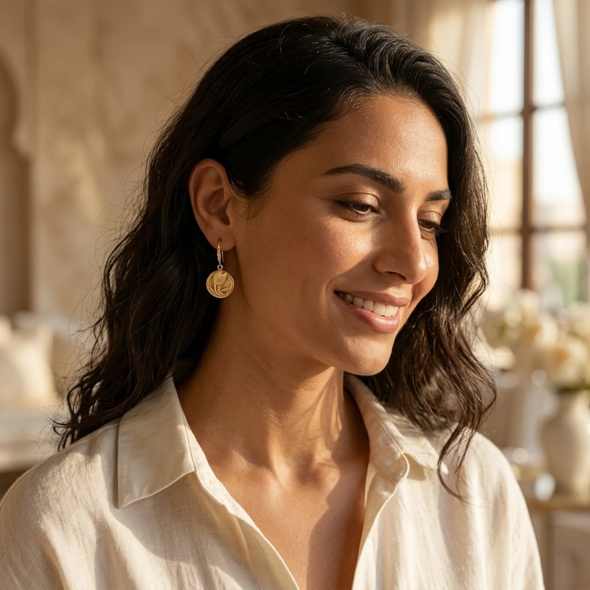 Smiling woman wearing the 18K gold vermeil tulip drop earrings, a meaningful Eid or anniversary gift in Dubai.