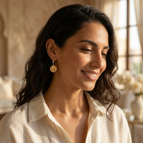 Smiling woman wearing the 18K gold vermeil tulip drop earrings, a meaningful Eid or anniversary gift in Dubai.