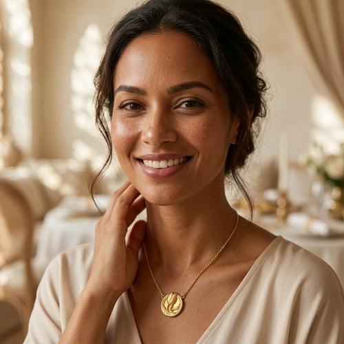 18K gold vermeil tulip medallion necklace over 925 sterling silver displayed by a jewellery box in Dubai.