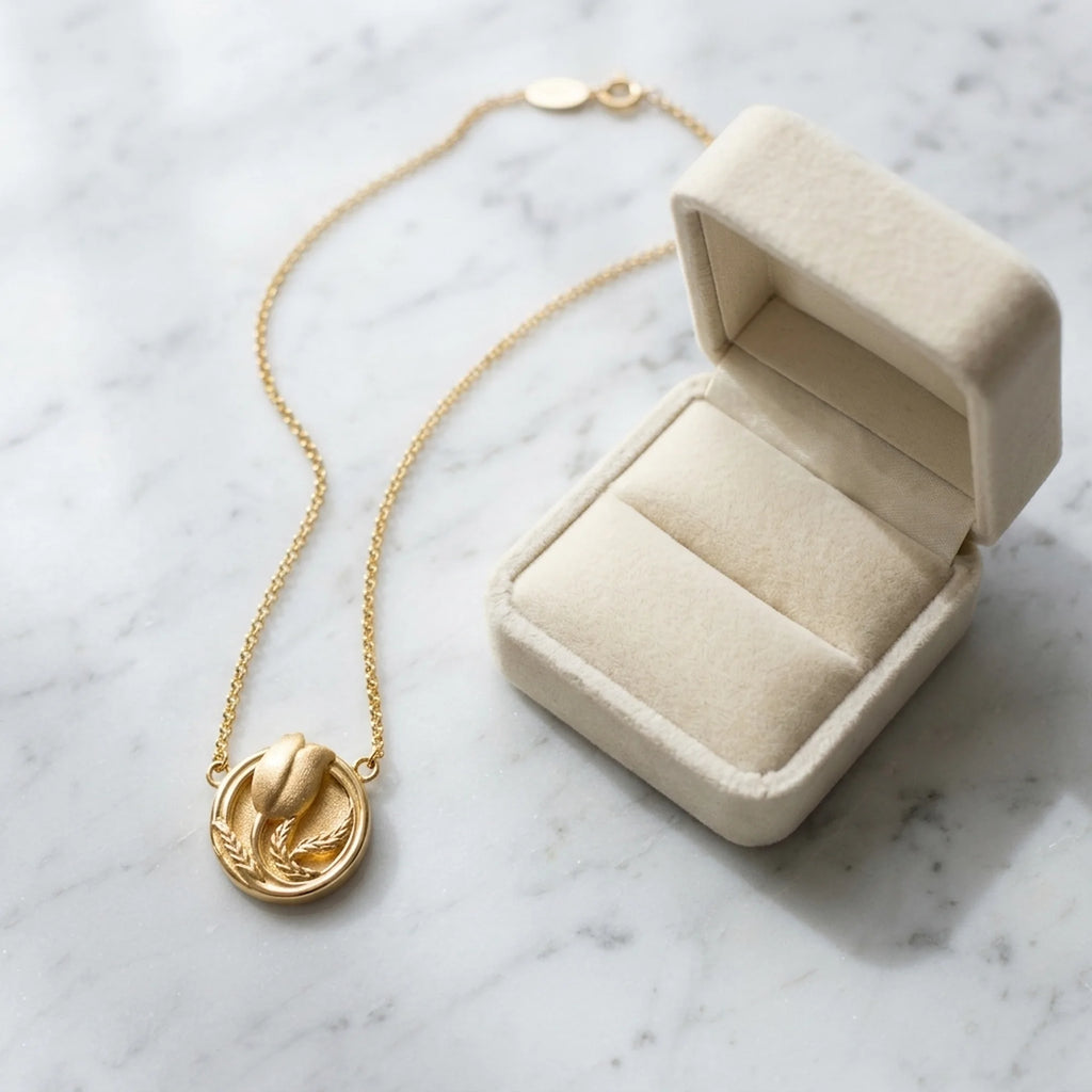 18K gold vermeil tulip medallion necklace over 925 sterling silver displayed by a jewellery box in Dubai.