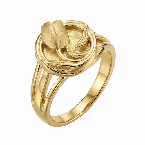 18K gold vermeil tulip medallion ring over 925 sterling silver with a sculpted bud and bypass band, crafted in Dubai.