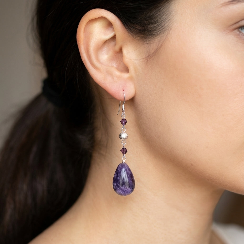 Natural Amethyst Silver Drop Earrings for Women Handmade Gemstone Jewelry