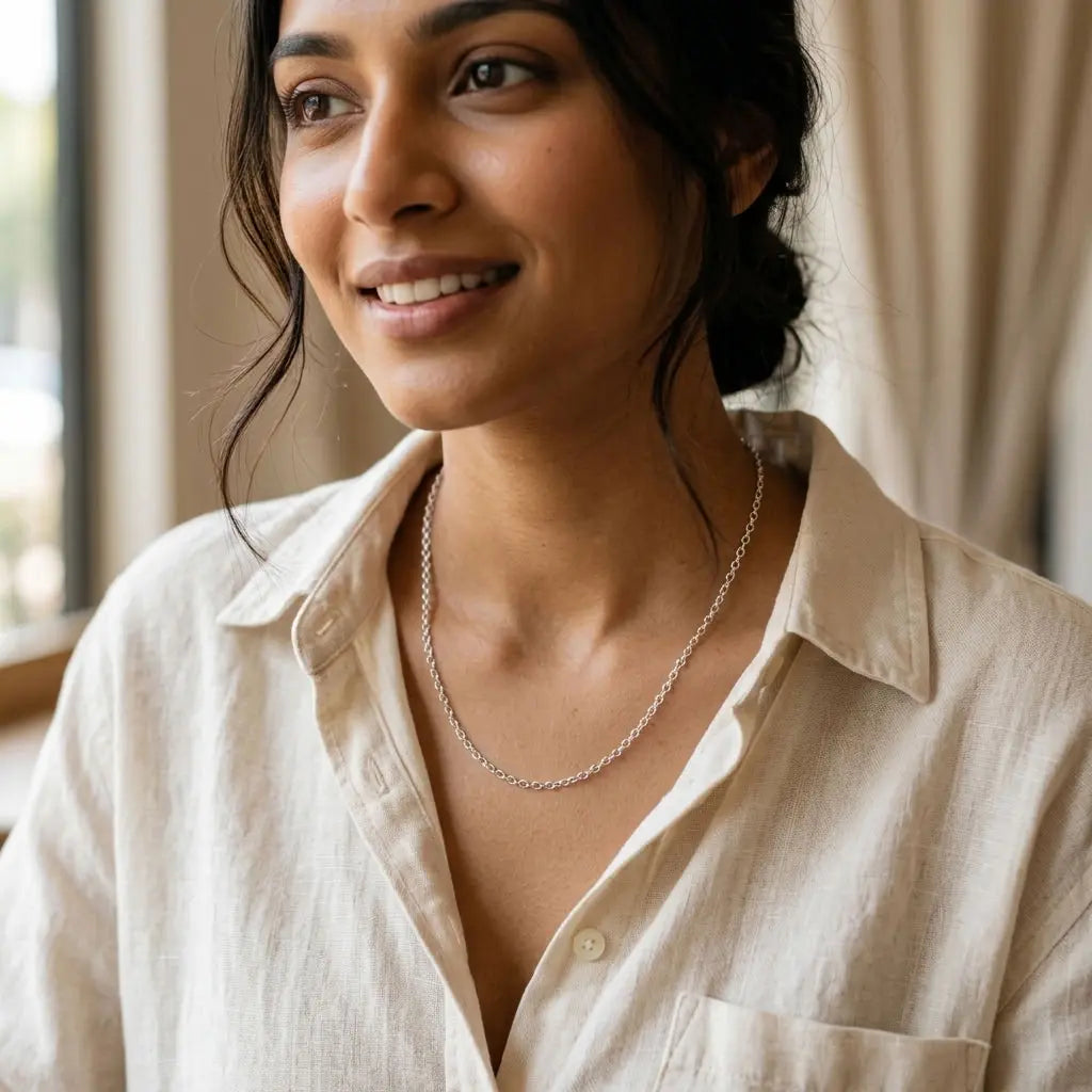 Woman wearing a fine silver oval-link cable chain necklace with a cream collared shirt.