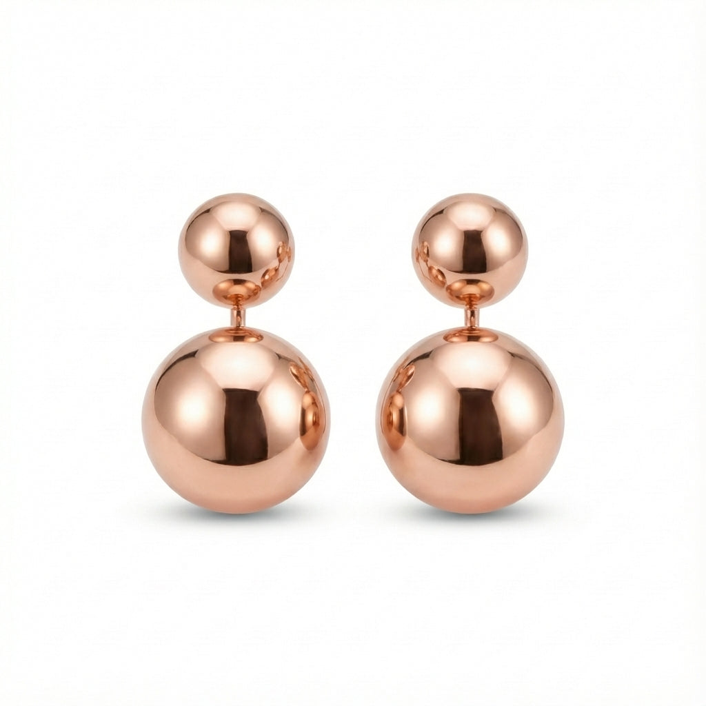 أقراط كروية مطلية بالذهب الوردي من الفضة الإسترلينية، بتصميم 2 في 1، بنمط أمامي وخلفي مزدوج