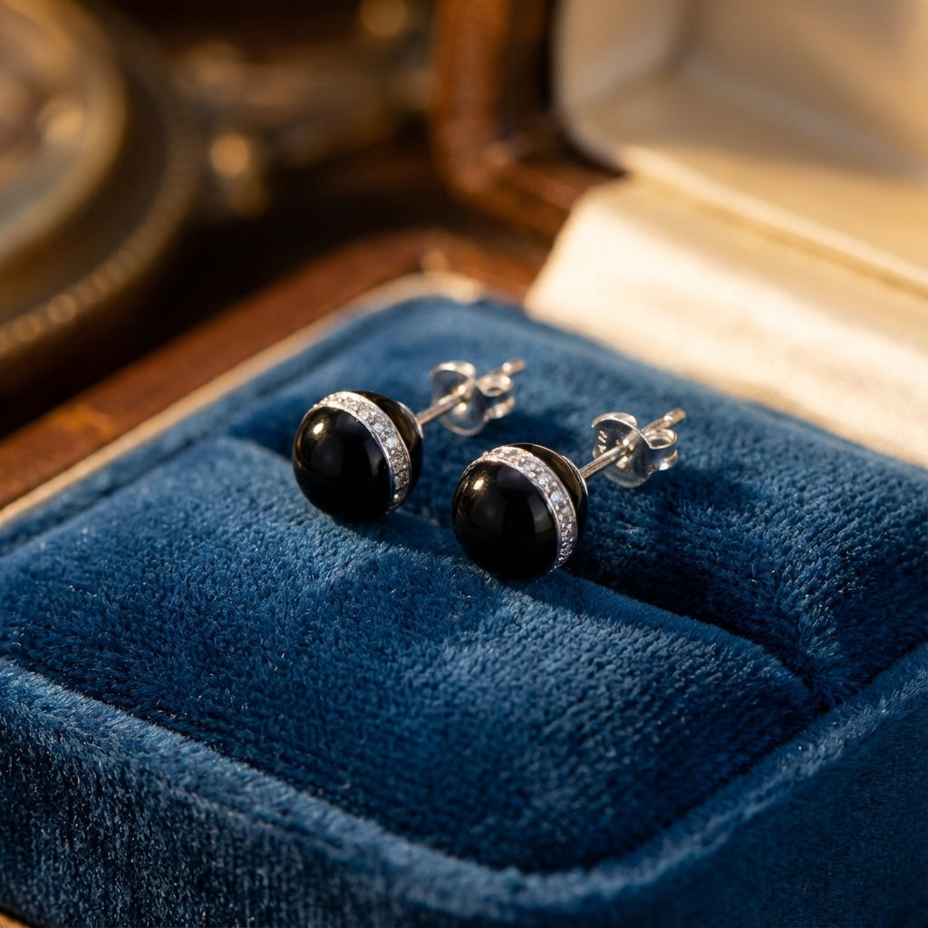 Orbital Black Resin and Crystal Halo Sterling Silver Earrings